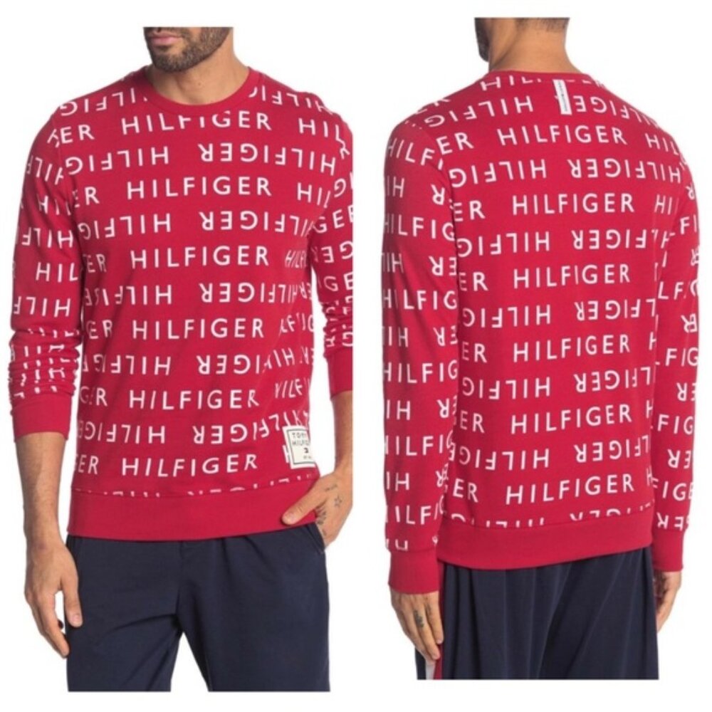 Tommy Hilfiger Red White Logo Crewneck Cozy Comfy Long Sleeve Sweater